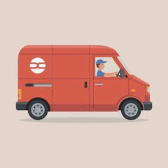 Red Delivery Van with Driver in Uniform Cartoon Illustration