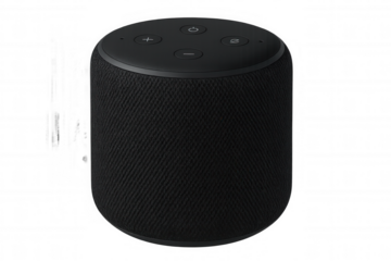 Contemporary black smart speaker with volume and power buttons, set against a transparent background