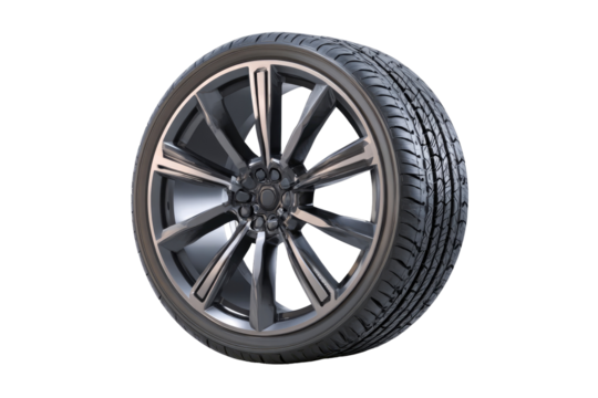 A dark gray alloy wheel with a radial design, mounted on a black tire.  3D rendering