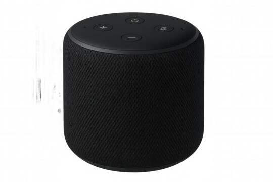 Contemporary black smart speaker with volume and power buttons, set against a transparent background