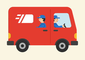 Red Delivery Van with Driver in Uniform Cartoon Illustration