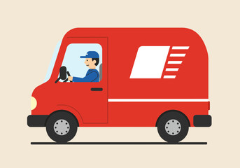 Red Delivery Van with Driver in Uniform Cartoon Illustration
