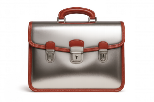 Elegant silver metallic briefcase with red leather trim and clasps, set against a transparent background, ideal for business and professional themes