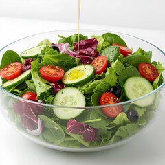 Close-up of Olive Oil Being Poured on a Fresh Mixed Salad in a Glass Bowl