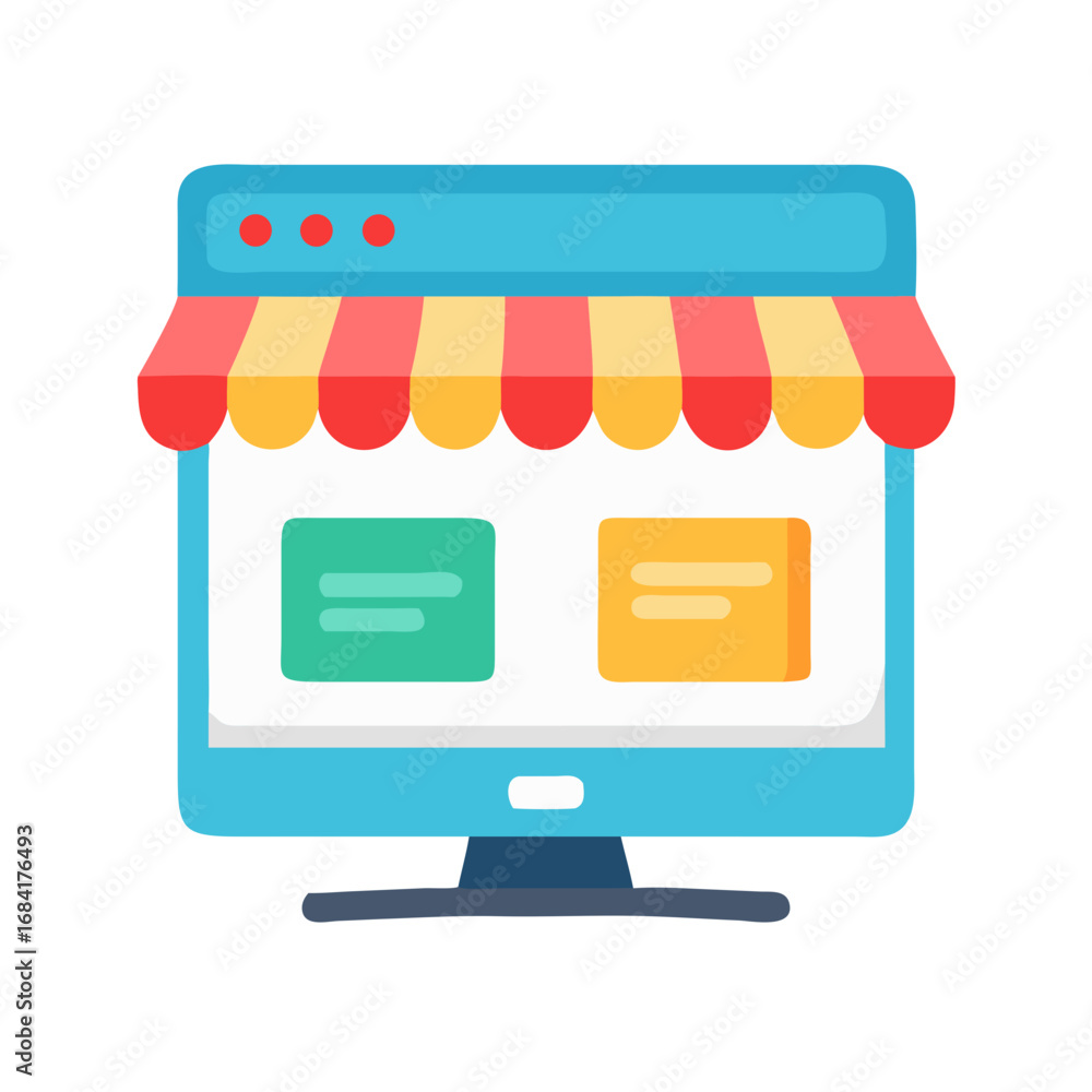 Poster vector art of a computer screen displays an online shop with a colorful awning, representing ecommer