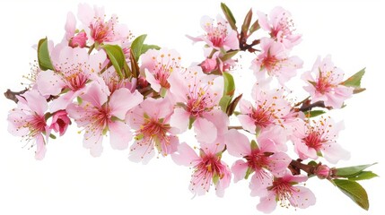 Delicate pink blossoms of a flowering almond branch against white background