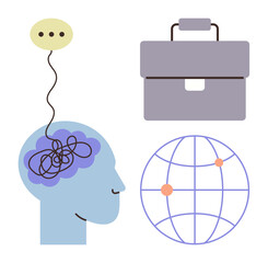 Human head with tangled thoughts, speech bubble, briefcase, and globe representing strategic thinking, problem-solving, communication, business, global connections creativity and teamwork. Ideal