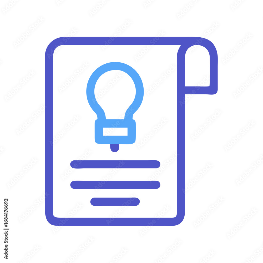 Poster vector art of a blue outline icon of a lightbulb on a document with lines representing text