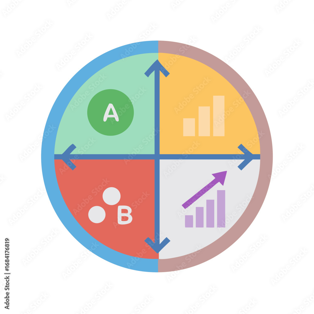 Poster vector art of a circular business strategy diagram with four quadrants, showcasing data analysis and