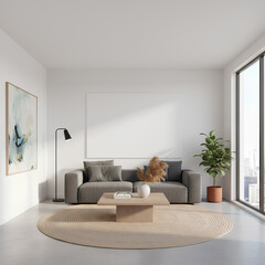 Modern Living Room Mockup with a Blank Frame for Your Art or Poster