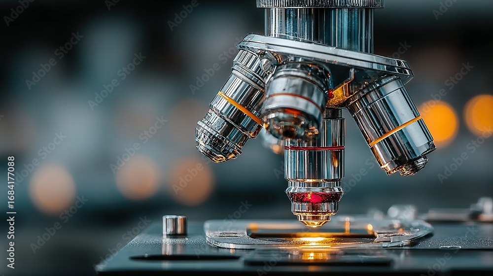 Poster microscope detail showing lenses and light source on a blurred background.