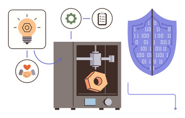 3D printer creating geometric object linked to innovation, teamwork, documentation, and cybersecurity. Ideal for technology, creativity, industry, teamwork, innovation automation and protection