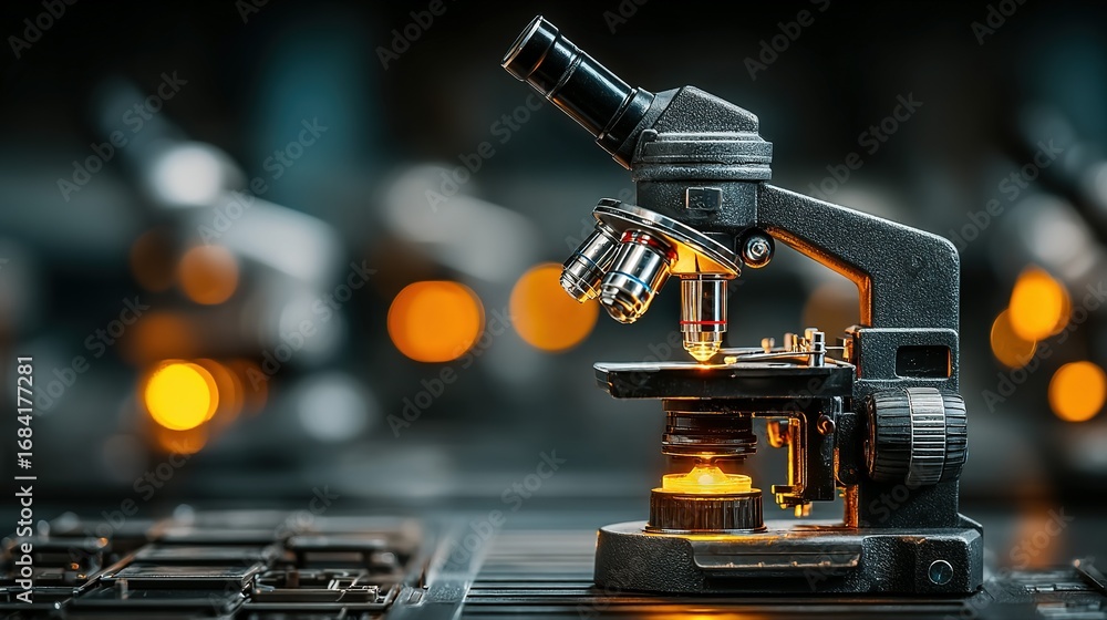 Aufkleber microscope with illuminated slide in laboratory setting science and research tool.