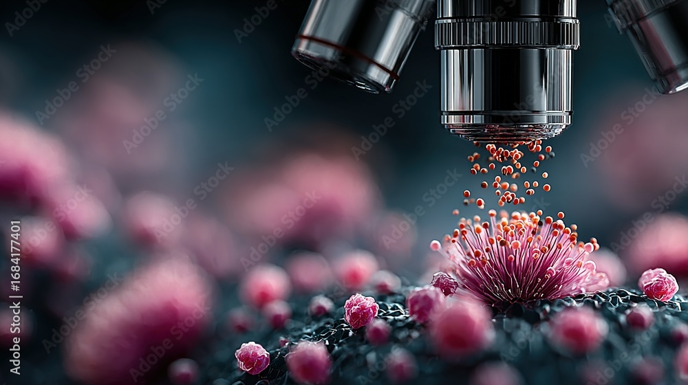 Poster microscope examining pink cell structures on a dark background with particles.
