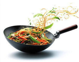 Delicious asian stir fry noodles with vegetables in a wok isolated on white background