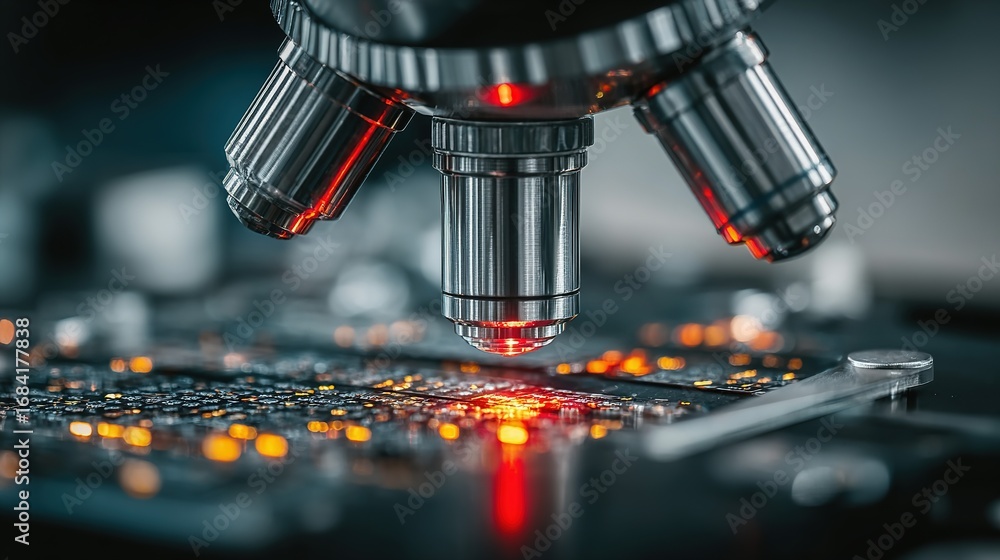 Poster microscope lens focusing on a dark textured surface with red and yellow light.