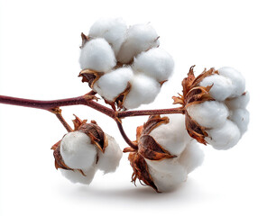 A delicate branch with fluffy white cotton bolls isolated on white background