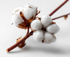 Close up of a cotton plant branch with fluffy white cotton bolls isolated on white background