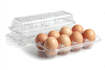 Clear plastic egg carton filled with brown eggs isolated on white background