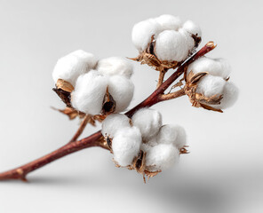 A delicate branch of fluffy white cotton bolls isolated on white background