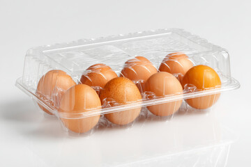 Clear plastic carton holding eight brown chicken eggs isolated on white background
