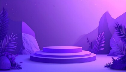 A vibrant purple display podium is surrounded by tropical foliage and stylized mountains, creating a captivating and modern aesthetic.