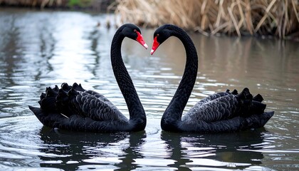 Two black swans gracefully positioned on a tranquil water surface, their long necks curved in a heart-shaped embrace, creating a serene and captivating scene.