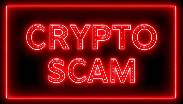 Red neon sign reading "CRYPTO SCAM