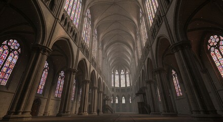 Fototapeta premium Digital illustration of a medieval gothic cathedral interior with stained glass windows and stone arches. Ideal for history, religion, and architectural design projects.