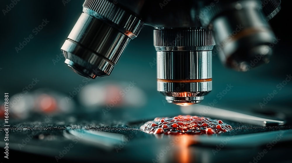 Poster microscope focused on a sample in a laboratory setting with blurred background.