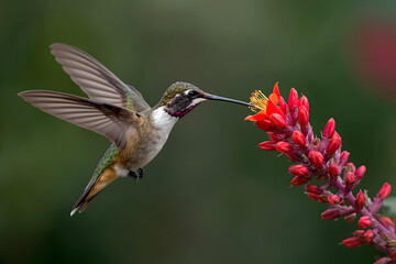 A stunning photograph of a hummingbird delicately extracting nectar from a vibrant red flower