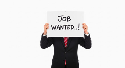 Professional man in suit seeks employment with a sign saying Job Wanted, offering his expertise and experience to your company today