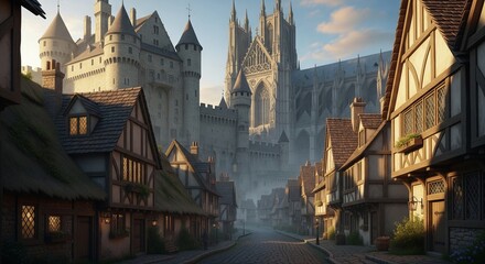 Fototapeta premium High-resolution illustration of medieval architecture with stone castle, gothic cathedral, and cobblestone street. Perfect for history, fantasy, education, and architectural design concepts. 