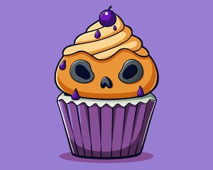 Spooky Halloween Cupcake with Pumpkin Face and Purple Icing Drips on a Lilac Background