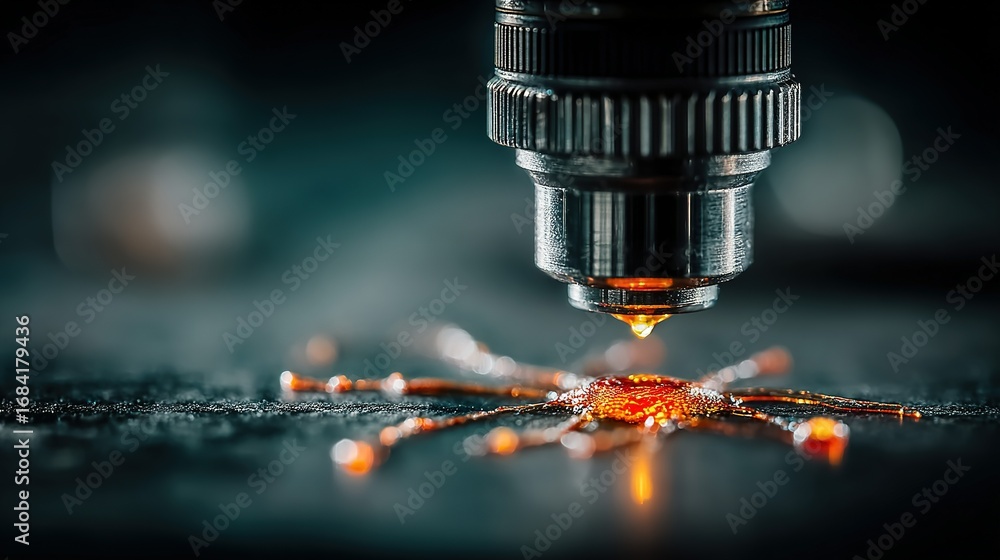 Aufkleber microscope lens focuses on a small object with glowing orange light.