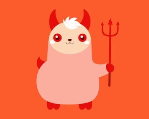 Cute Cartoon Devil Character with Horns and a Trident on an Orange Background