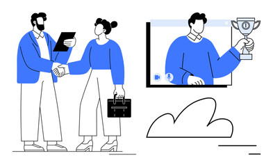 Two colleagues shake hands, one holds a briefcase, while a screen displays a winner receiving a trophy. Ideal for teamwork, collaboration, online success, achievement, digital connections, workplace