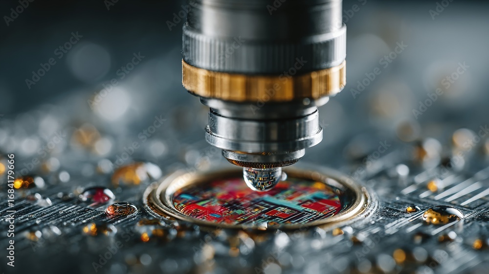 Poster close up of a machine working on a circuit board with small components.