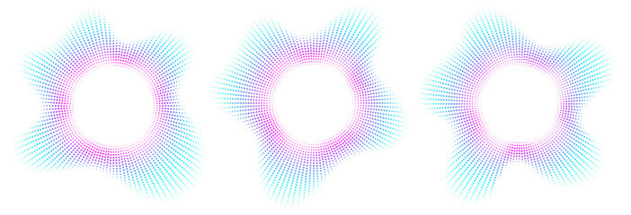 Sound equalizer icons with lines and dots, gradient neon circular sound wave frames, abstract radial music icons. Audio beat symbol concept isolated on white. Vector illustration.