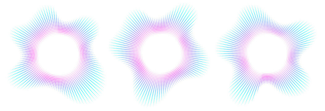 Sound equalizer icons with lines and dots, gradient neon circular sound wave frames, abstract radial music icons. Audio beat symbol concept isolated on white. Vector illustration.