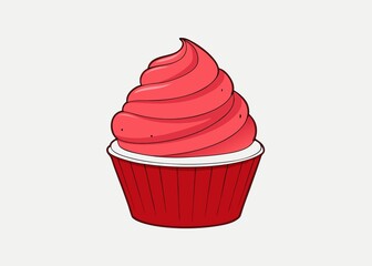 Cartoon Red Cupcake with Swirled Frosting on a White Background for Dessert