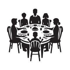 Family dinner around table vector silhouette outline logo design concept illustration