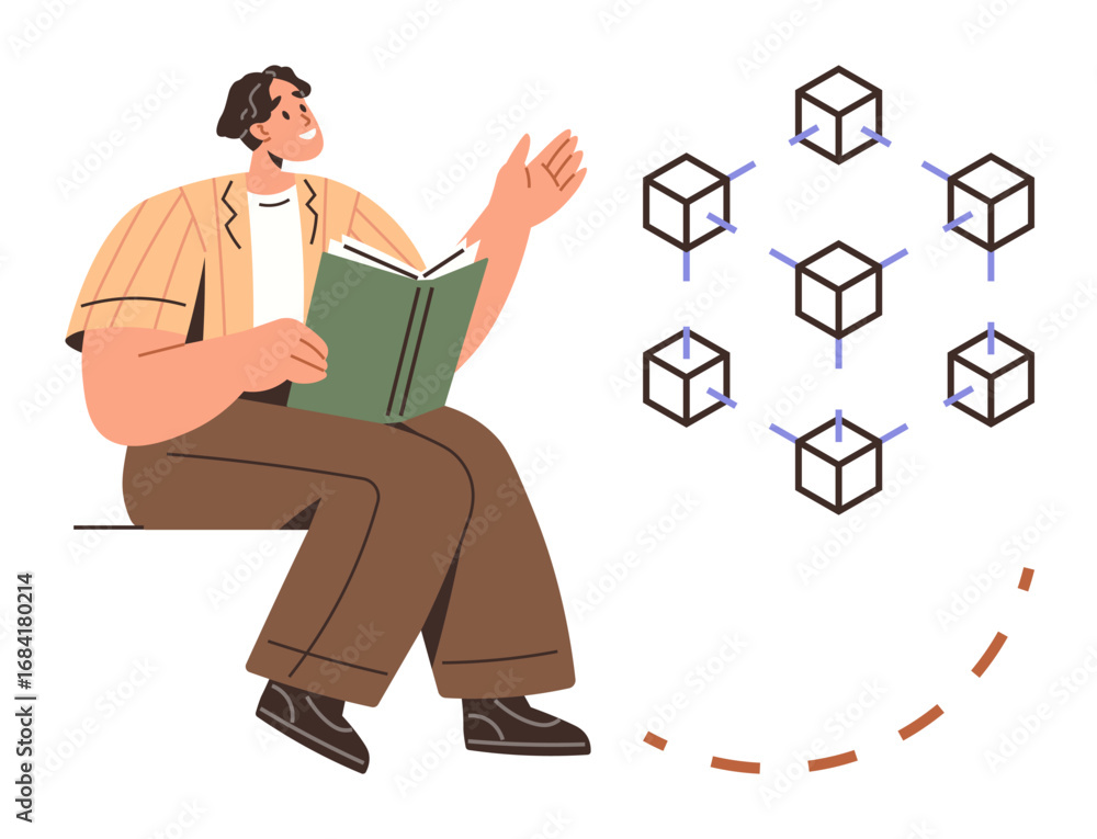 Poster man reading while observing blockchain network of interlinked cubes, showcasing digital connectivity