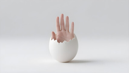A human hand emerges from a cracked white egg, set against a clean, light gray background. This image symbolizes new beginnings, growth, and the emergence of ideas.