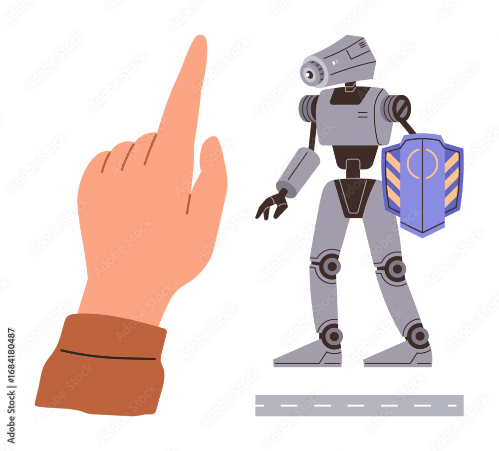 Poster human hand interacts with ai-powered robotic guard equipped with shield for protection. ideal for te