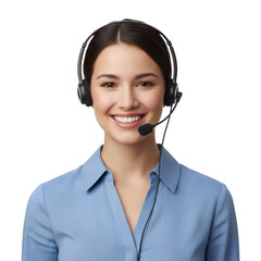 A friendly young call center operator wearing a headset and smiling at the camera, isolated on a white background
