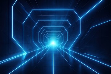 Obraz premium Luminous tunnel corridor with electric blue neon lines and futuristic architectural perspective creating sci-fi atmosphere