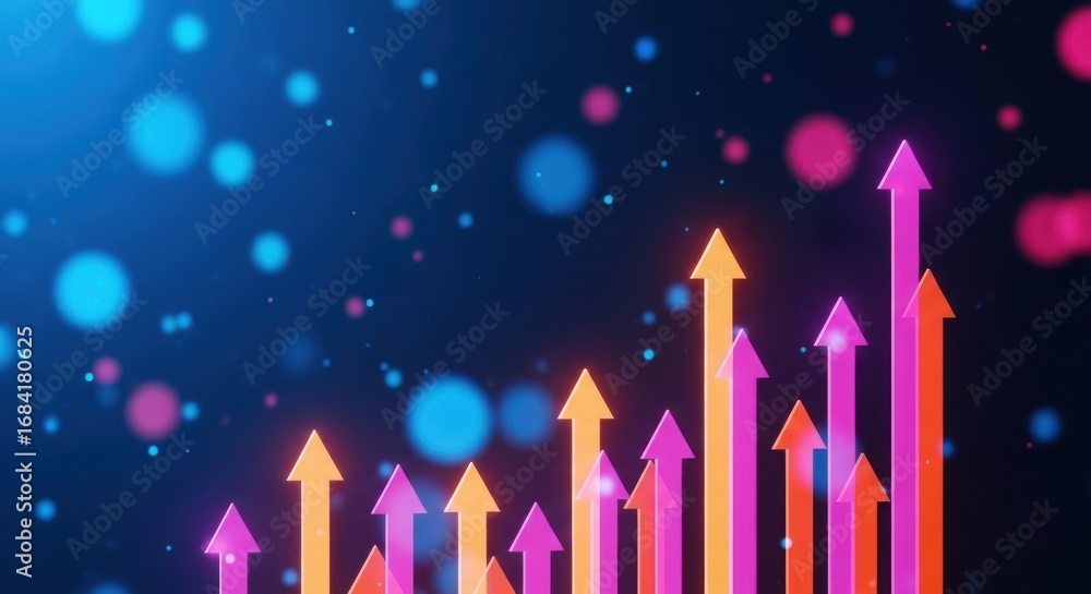 Poster abstract glowing upward pointing arrows against a dark background with bokeh lights symbolizing grow