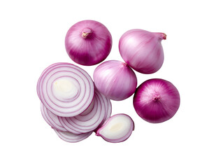 Fresh red onions shown whole, halved, and sliced into rings. Their vibrant color and crisp texture make them perfect for salads, sandwiches, and garnishes.