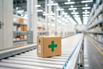 Cardboard boxes on conveyor belt inside warehouse. Automated logistics for healthcare and pharmaceutical supplies. Modern industrial facility showcasing efficiency, storage, technology, and medical.